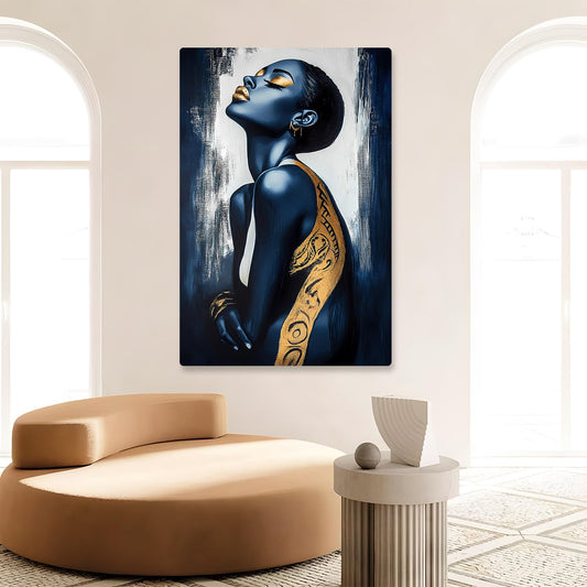 Gold and Blue Canvas Print, Woman Canvas Wall Art, Minimalist Abstract