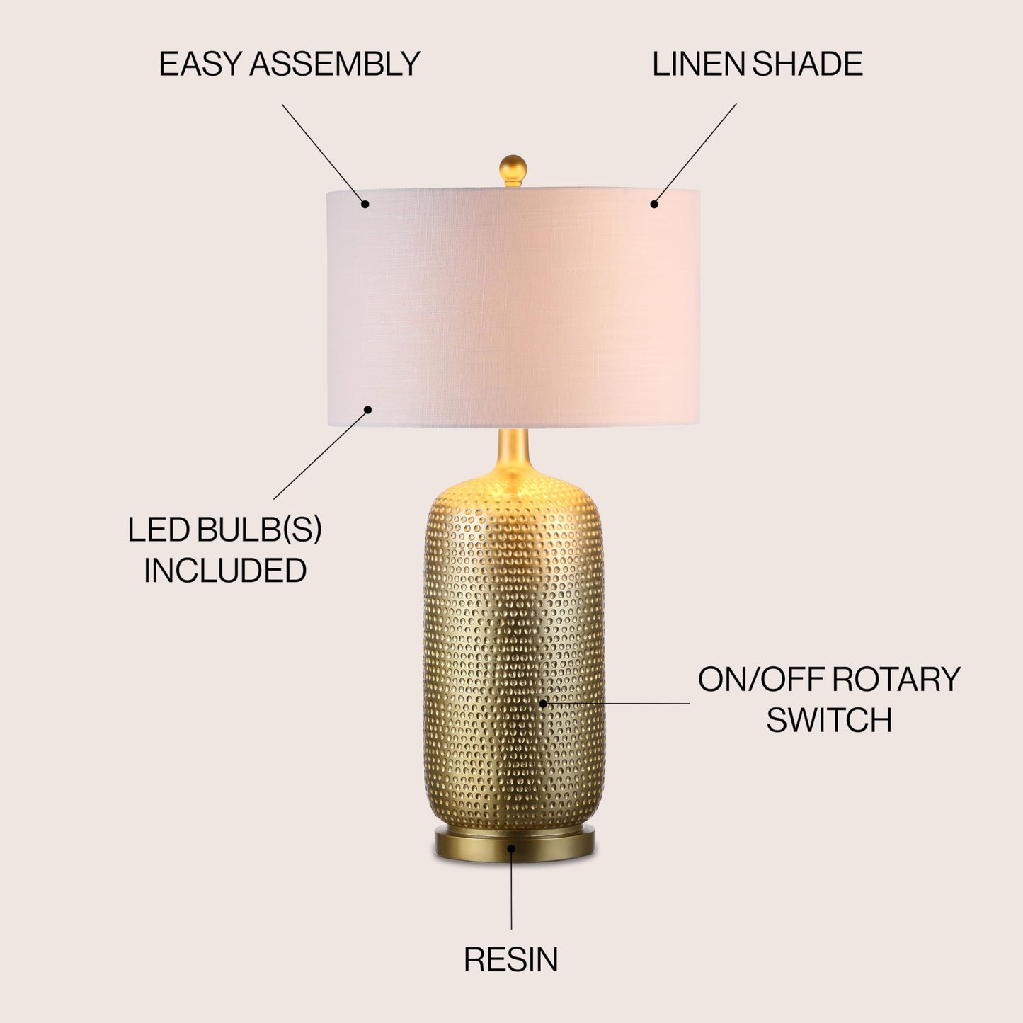 Gold Table Lamp, 30" Tall Resin LED, Hammered Design