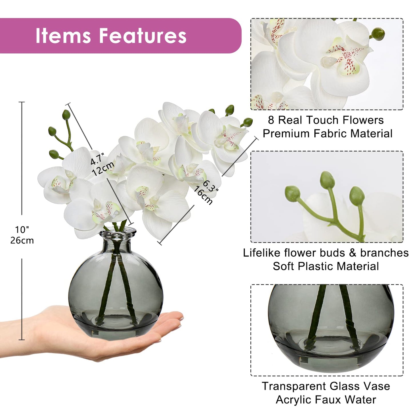 White Orchids Artificial  Faux Orchid Flowers with Glass Vase Set