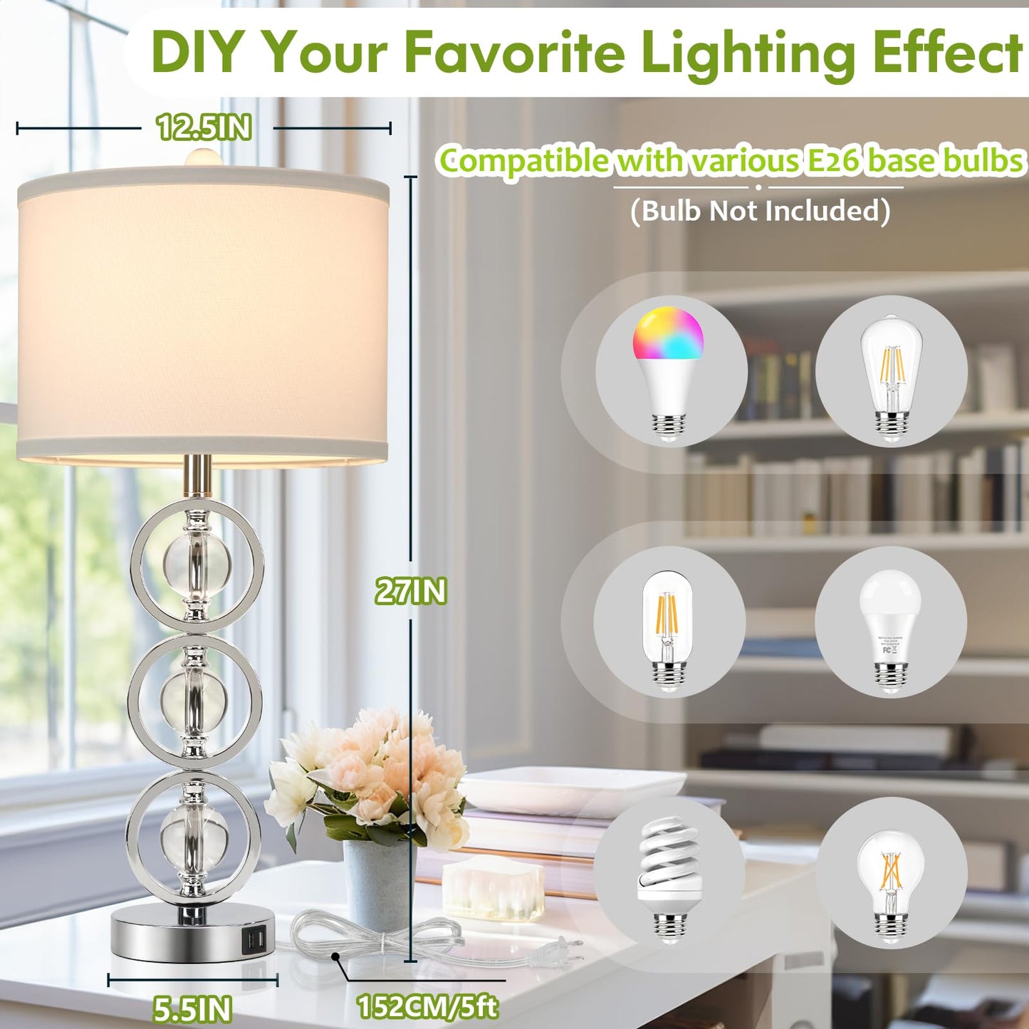 Silver 27“ Tall Crystal, Set of 2 Modern, Table Lamps with 2 USB Charging Ports