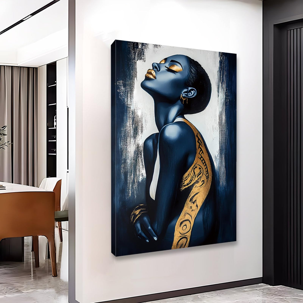 Gold and Blue Canvas Print, Woman Canvas Wall Art, Minimalist Abstract