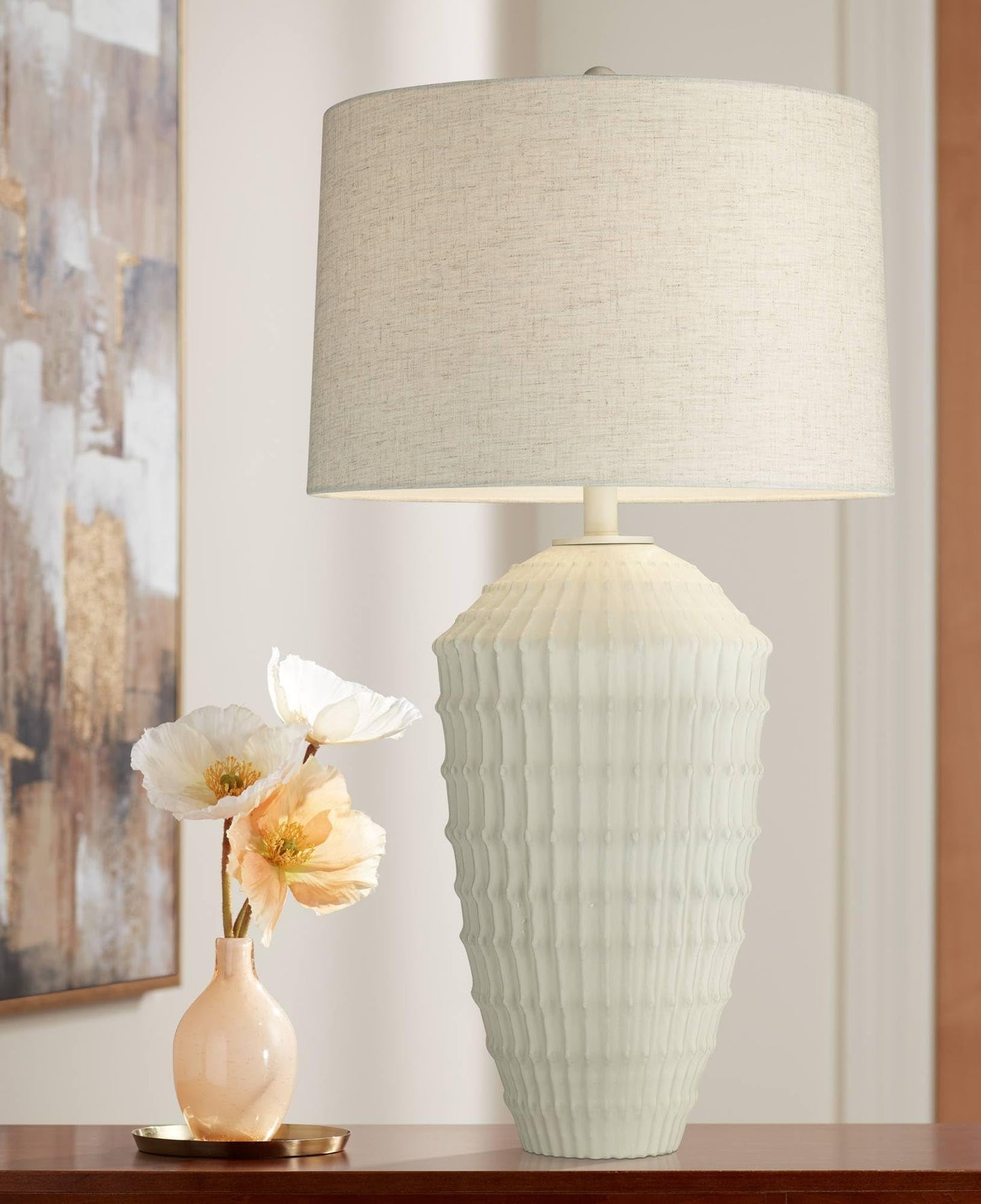 White-Ivory Table Lamp, 30" Tall Large Modern, Coastal Ridge Pattern