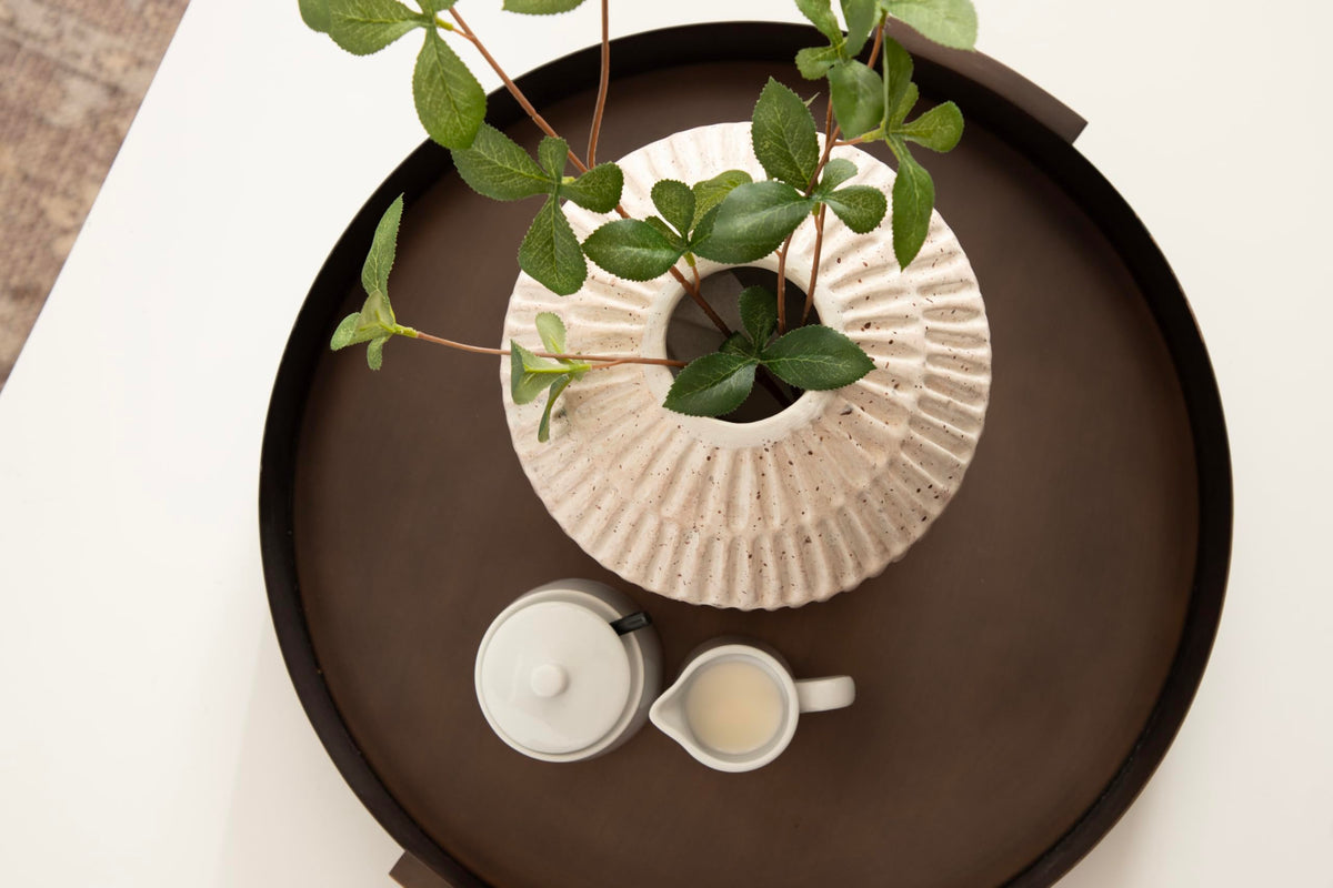Bronze Modern Round Hammered, Metal Polished Decorative Circle Tray with Handles