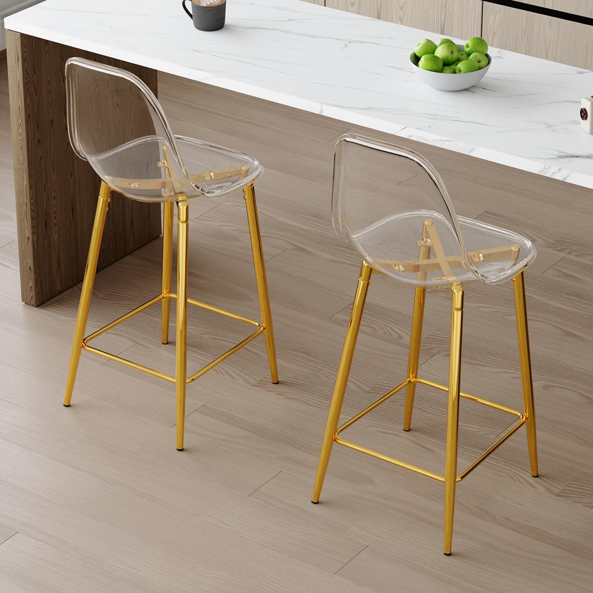 Clear Acrylic Backrest Bar Stools w/Gold Legs, 26" Counter Height