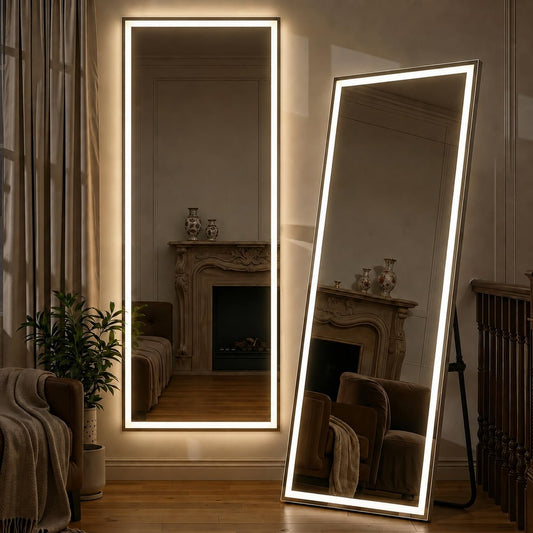 White Full-Length Mirror with Lights, 71" x 26" LED Floor Mirror, Full Body Standing Mirror with Dimming