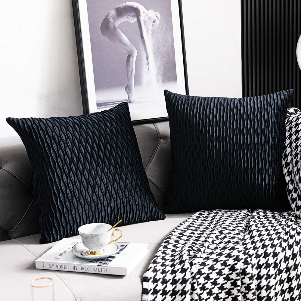 Black Throw Pillow Covers, Set of 2, Striped Design, 22" x 22"