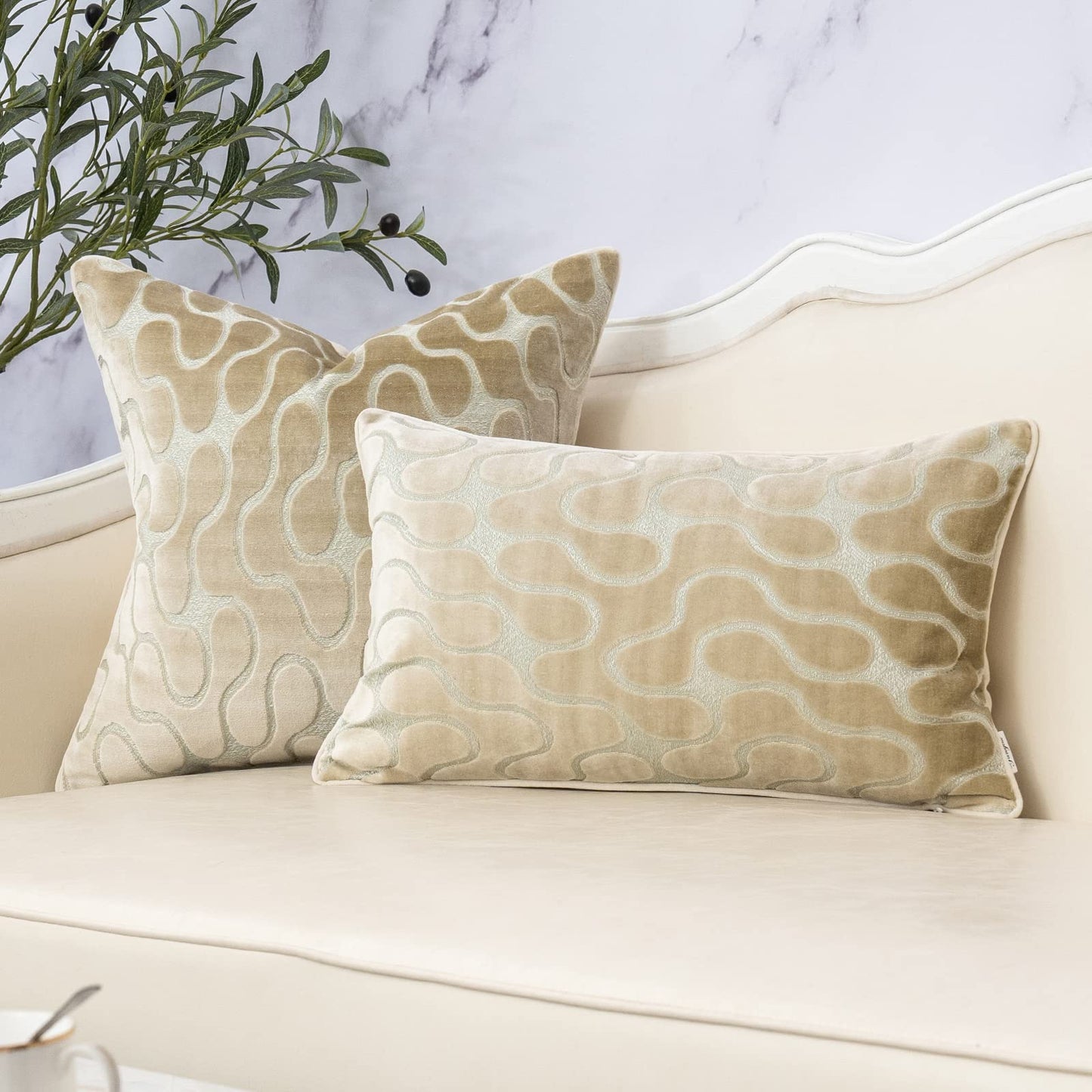 Beige Square Throw Pillow Cover, Velvet Wavy Accent