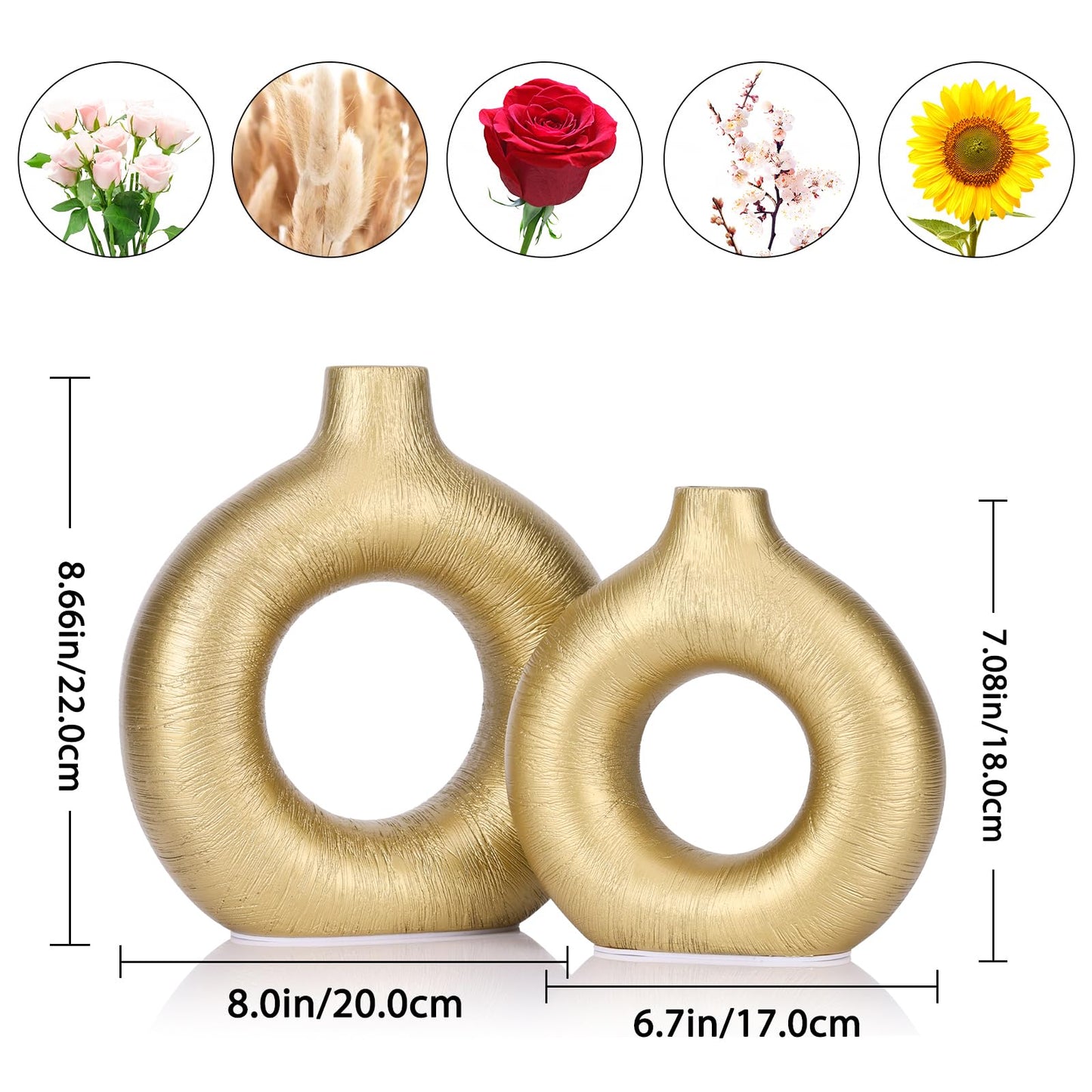 Gold Modern Ceramic Circle Hollow Vase Set