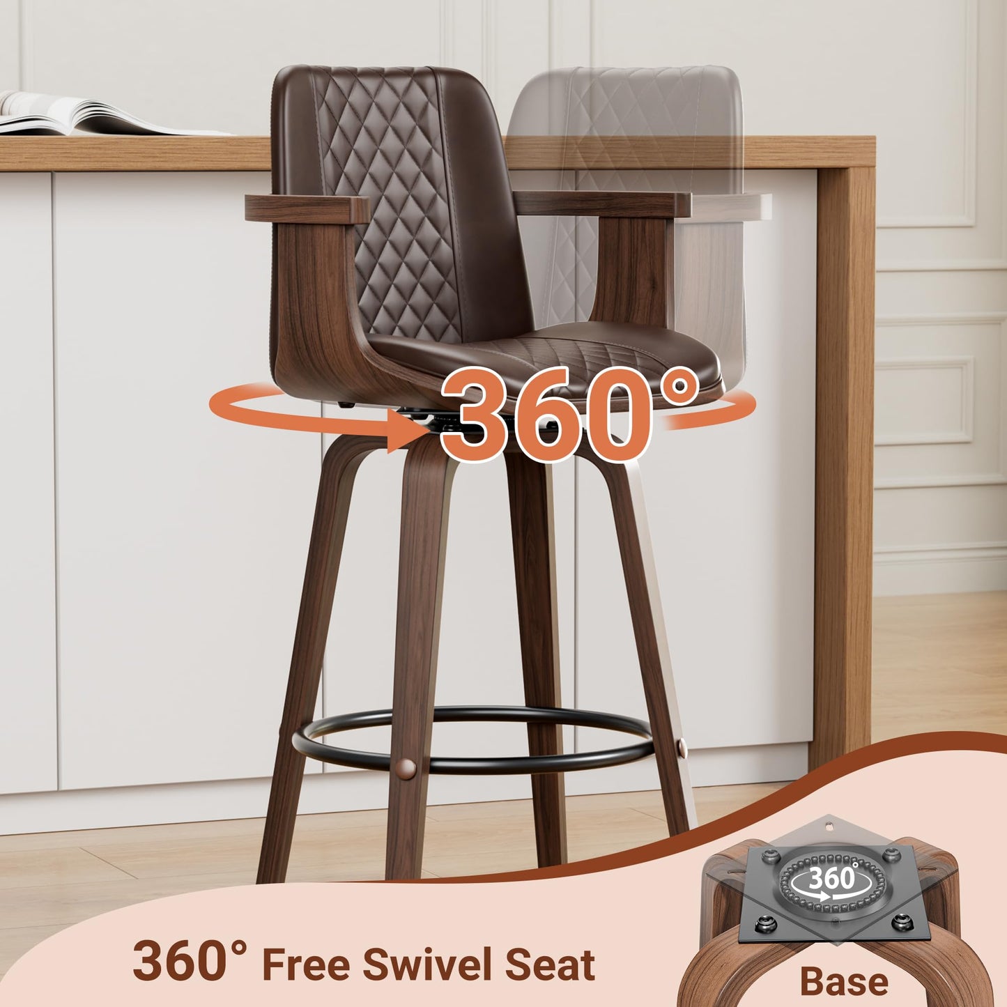 Brown Bar Stools Set of 2, PU Leather, Swivel 26" Counter Height