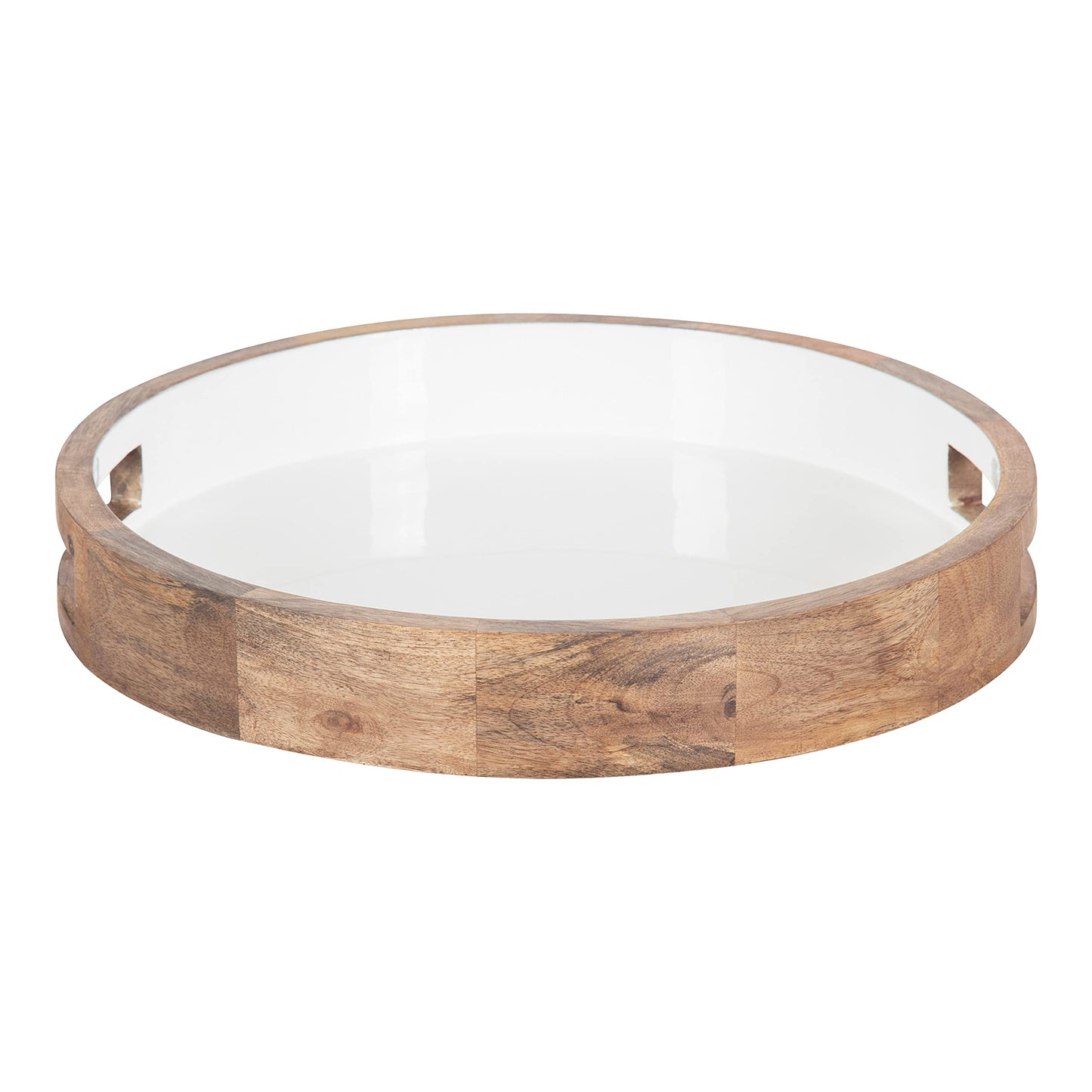 White Round Accent Tray, Two-Tone Natural Wood