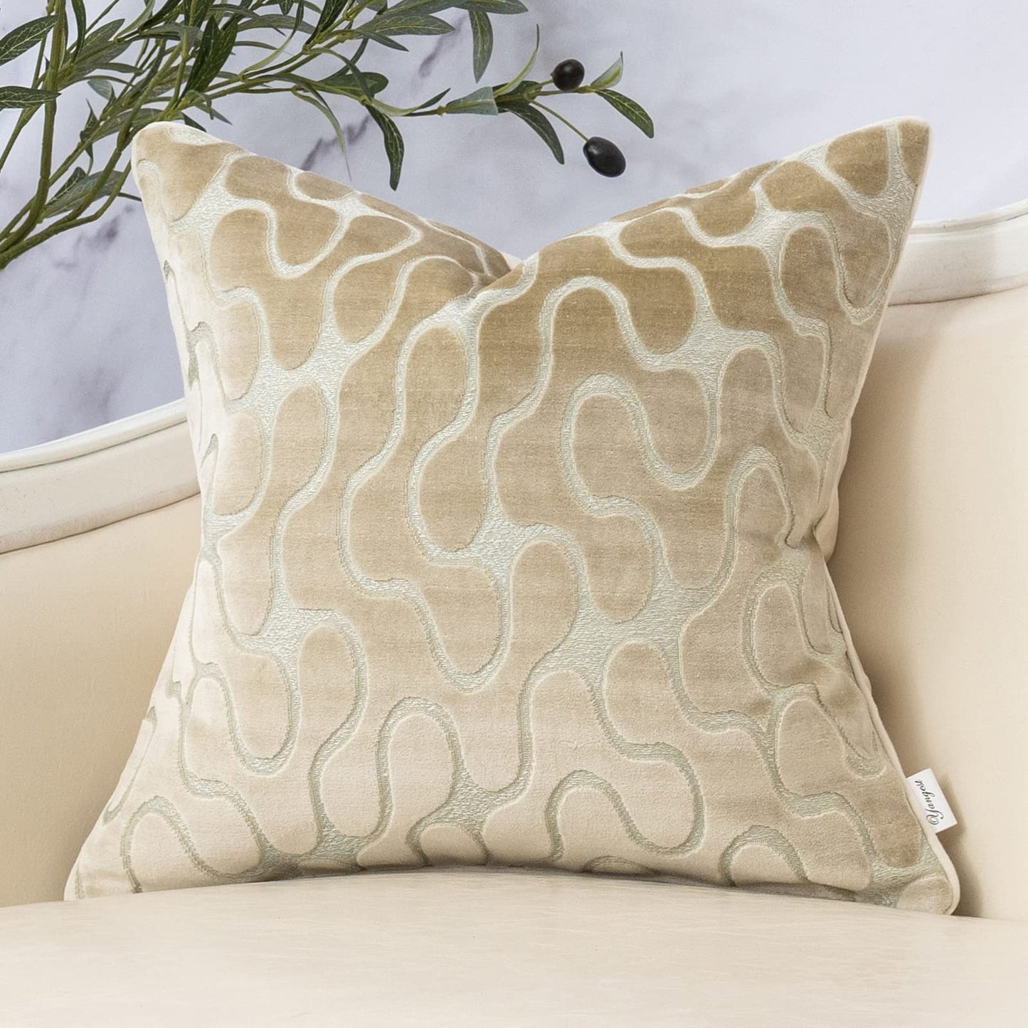 Beige Square Throw Pillow Cover, Velvet Wavy Accent