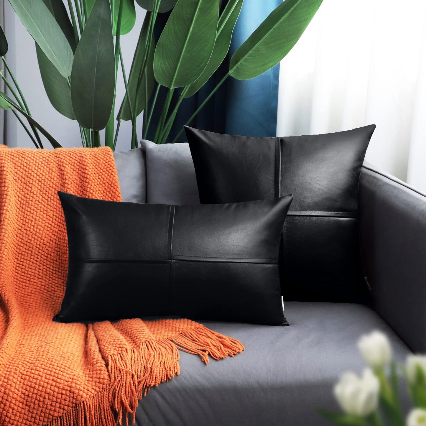 Black Faux Leather Throw Pillow Covers
