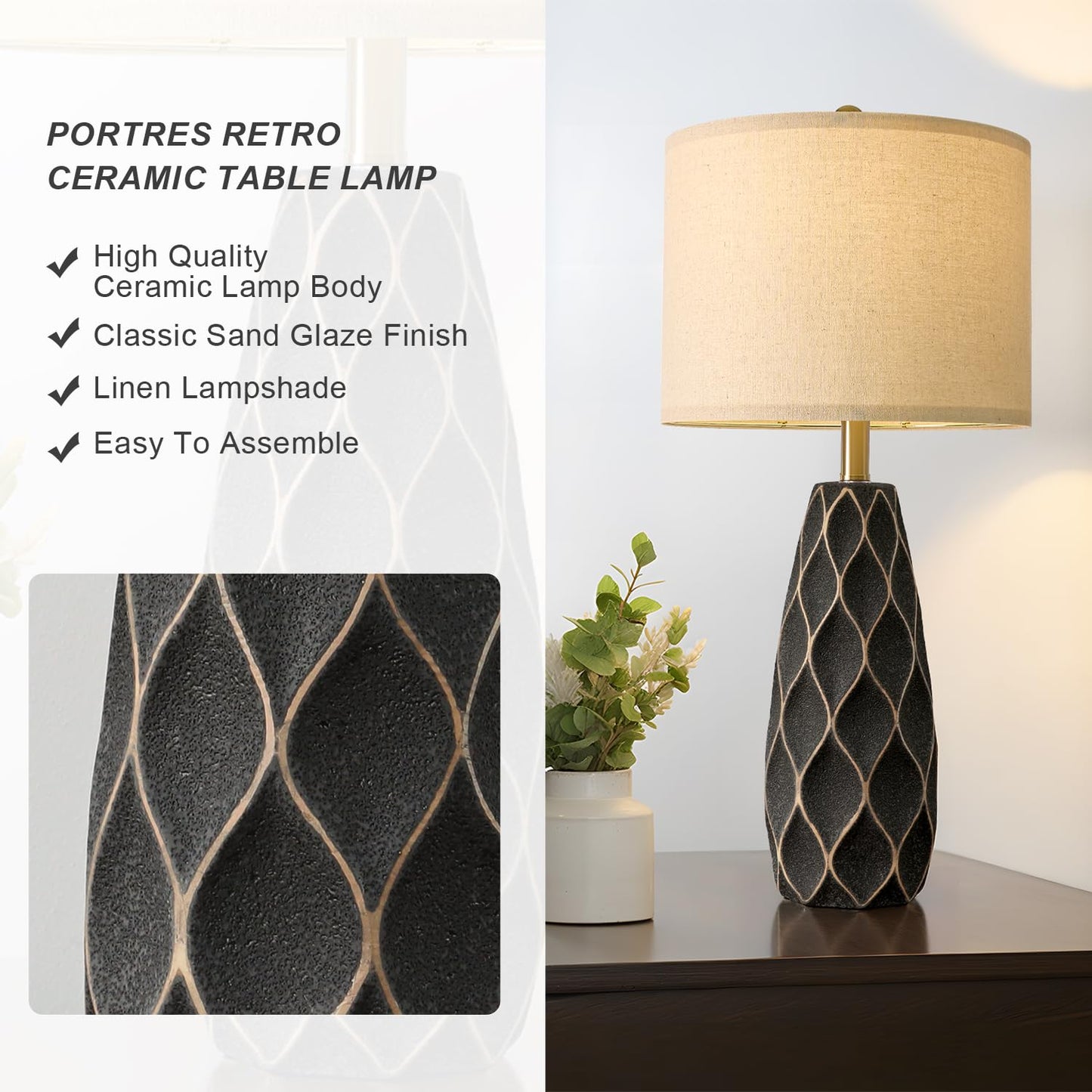 Black Ceramic Rustic Diamond Designed, Lamp Set of 2