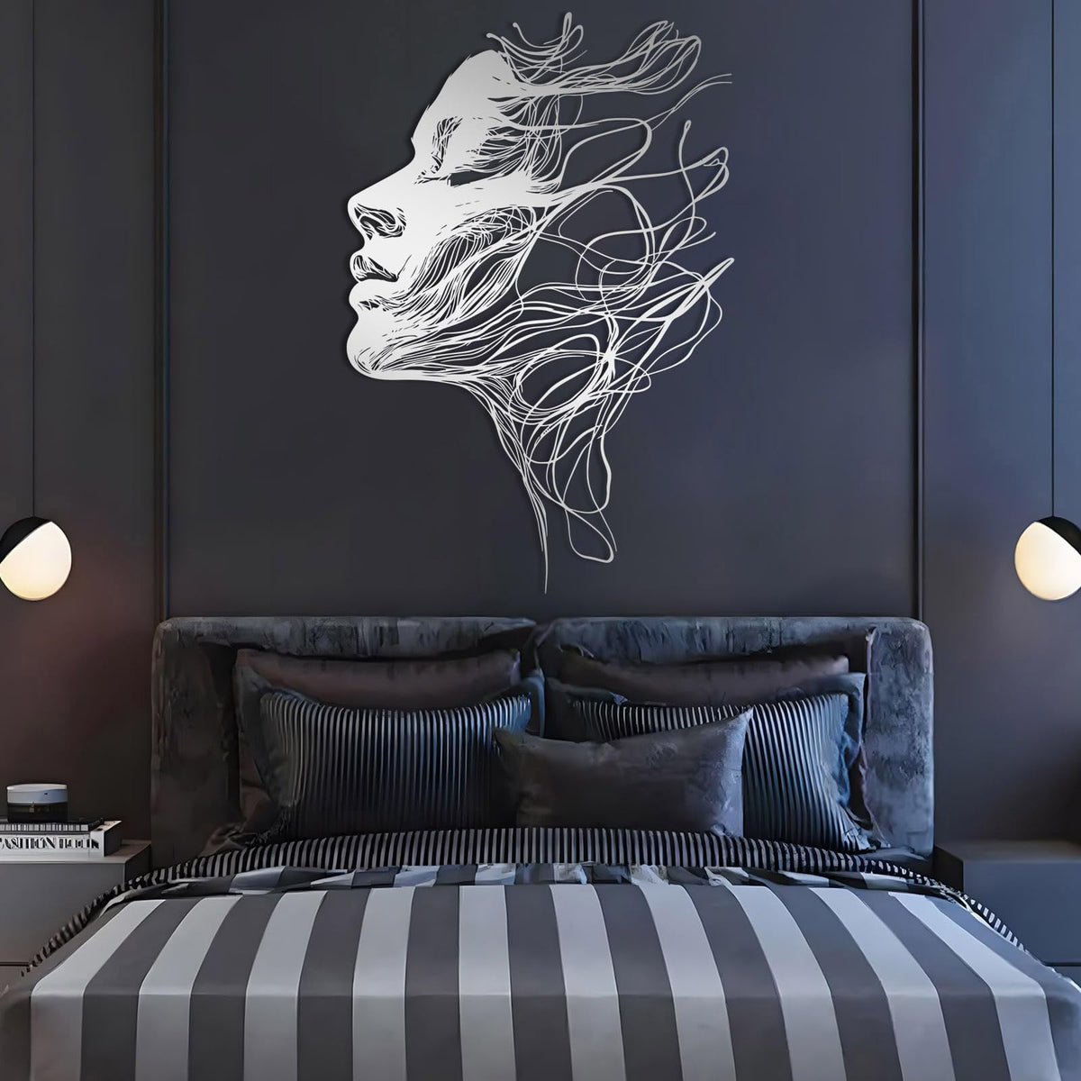 Black Abstract Modern Luxury Wall Art, Metal Woman Face Decor