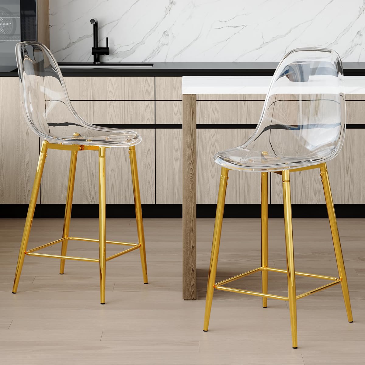 Clear Acrylic Backrest Bar Stools w/Gold Legs, 26" Counter Height