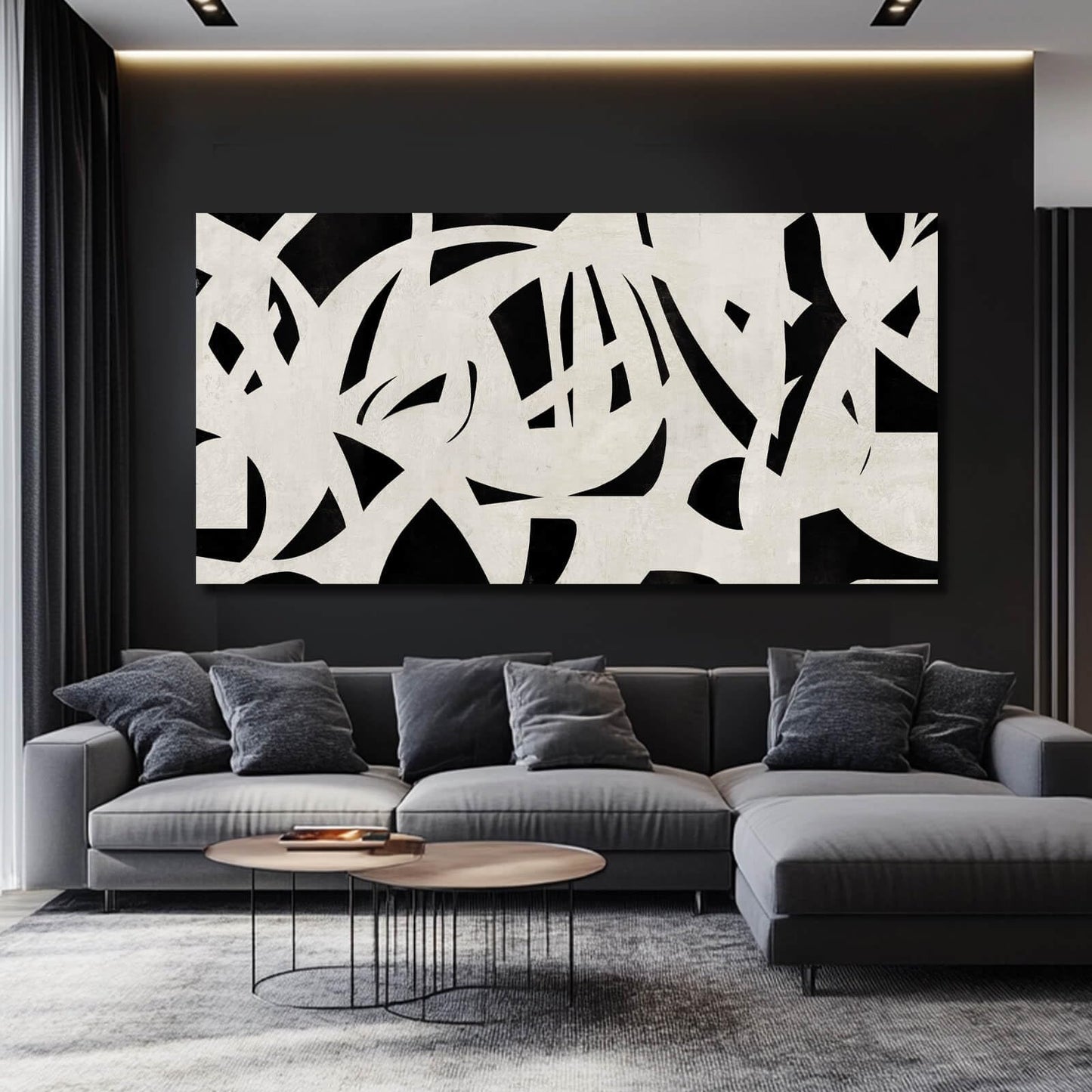 Black and Off-White Abstract, Canvas 29" x 58" Wall Art Decor