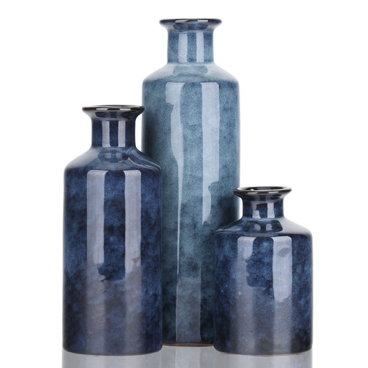 Blue Ceramic Vase Set - 3 for Home Decor, Living Room Decoration, Table Centerpiece