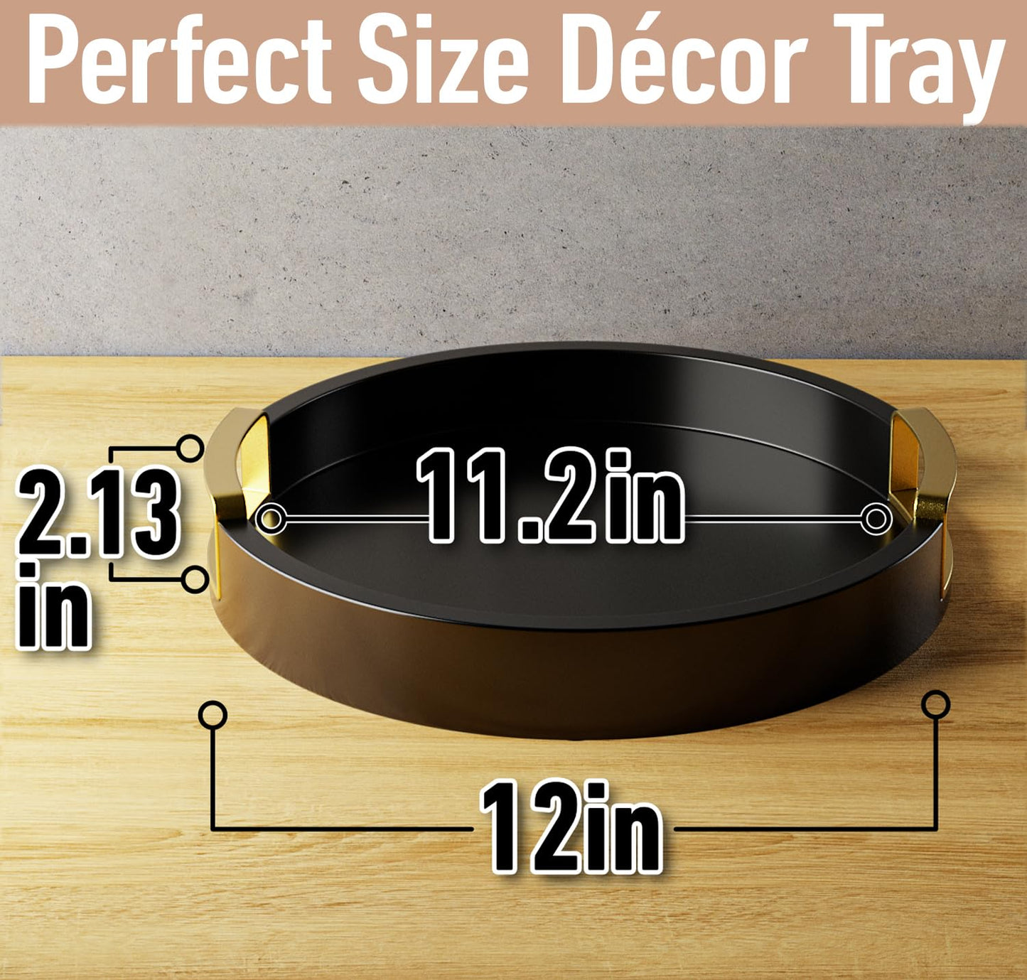 Black Round Decor Tray with Gold Handles