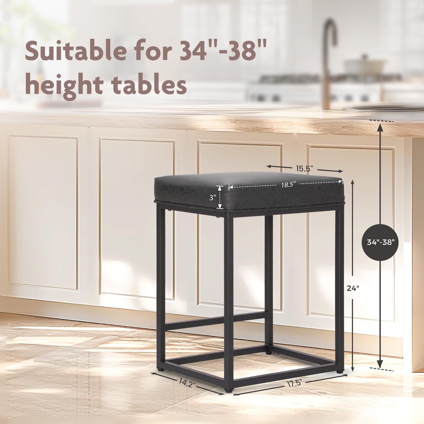 Black 24" Faux Leather, Counter Height Bar Stools Set of 3