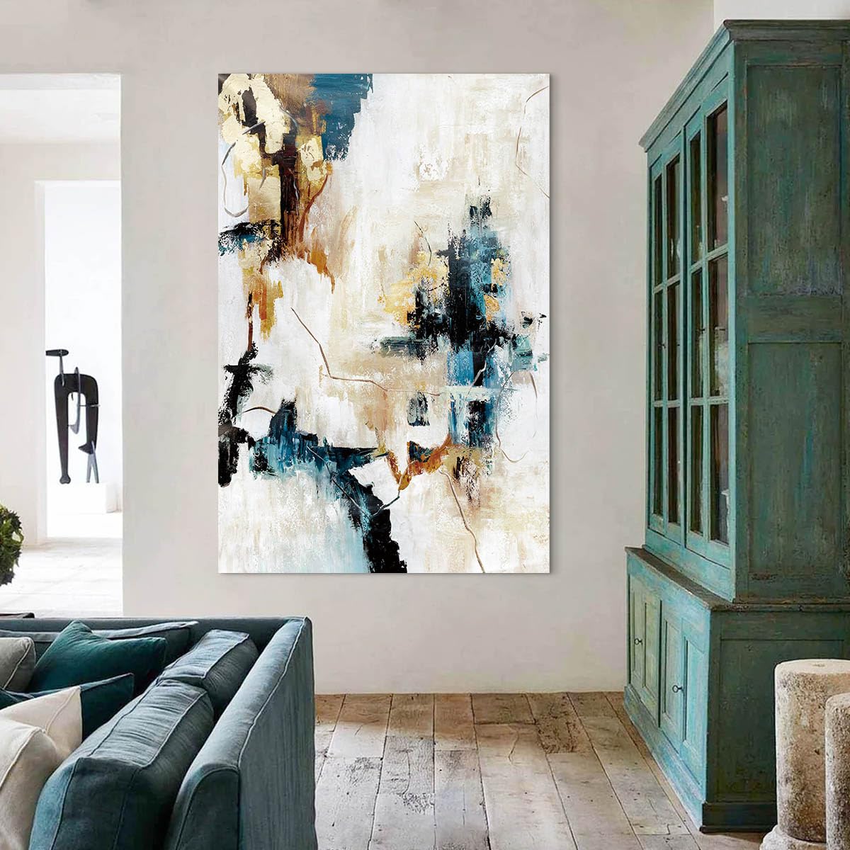 Modern Abstract Canvas Wall Art, White, Blue & Gold