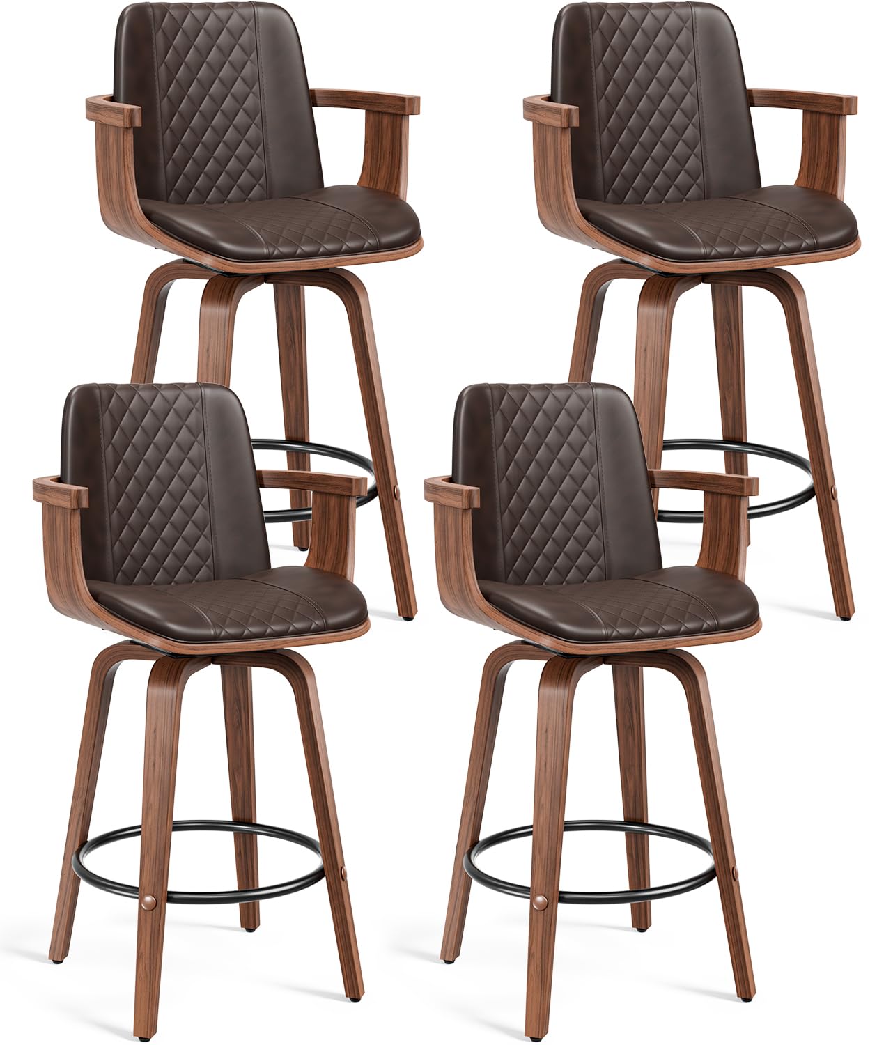 Brown Bar Stools Set of 2, PU Leather, Swivel 26" Counter Height