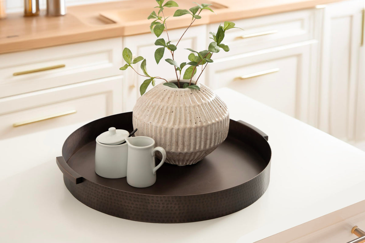 Bronze Modern Round Hammered, Metal Polished Decorative Circle Tray with Handles