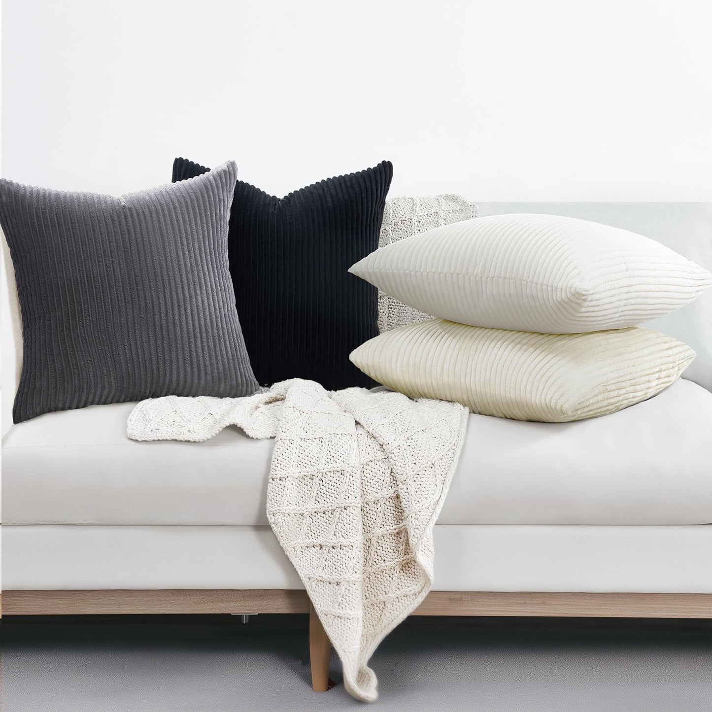 Black and White Throw Pillow Covers, Set of 4, Soft Corduroy