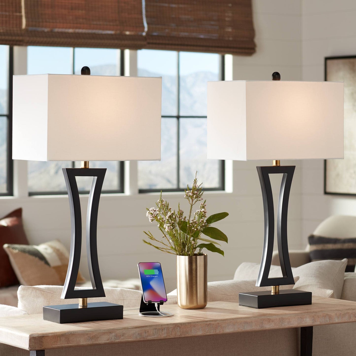 Black Modern Table Lamps 31" Tall Set of 2 with USB Charging Port