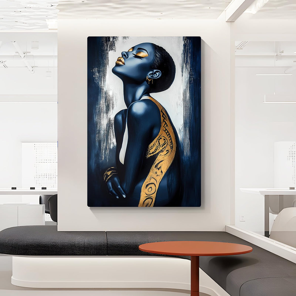 Gold and Blue Canvas Print, Woman Canvas Wall Art, Minimalist Abstract