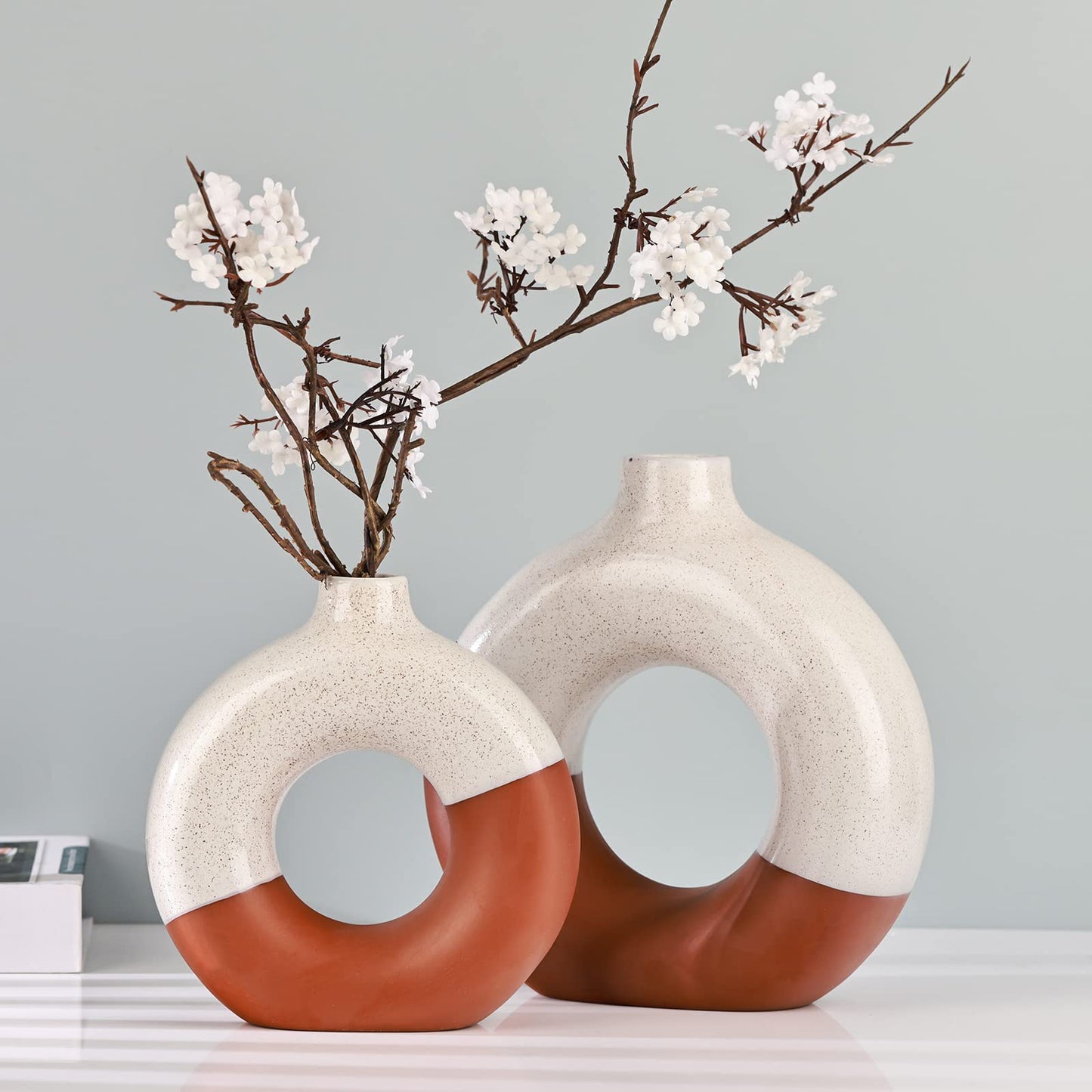 Cream Donut Vase, Clay-Brown Two-tone Modern Matte Ceramic