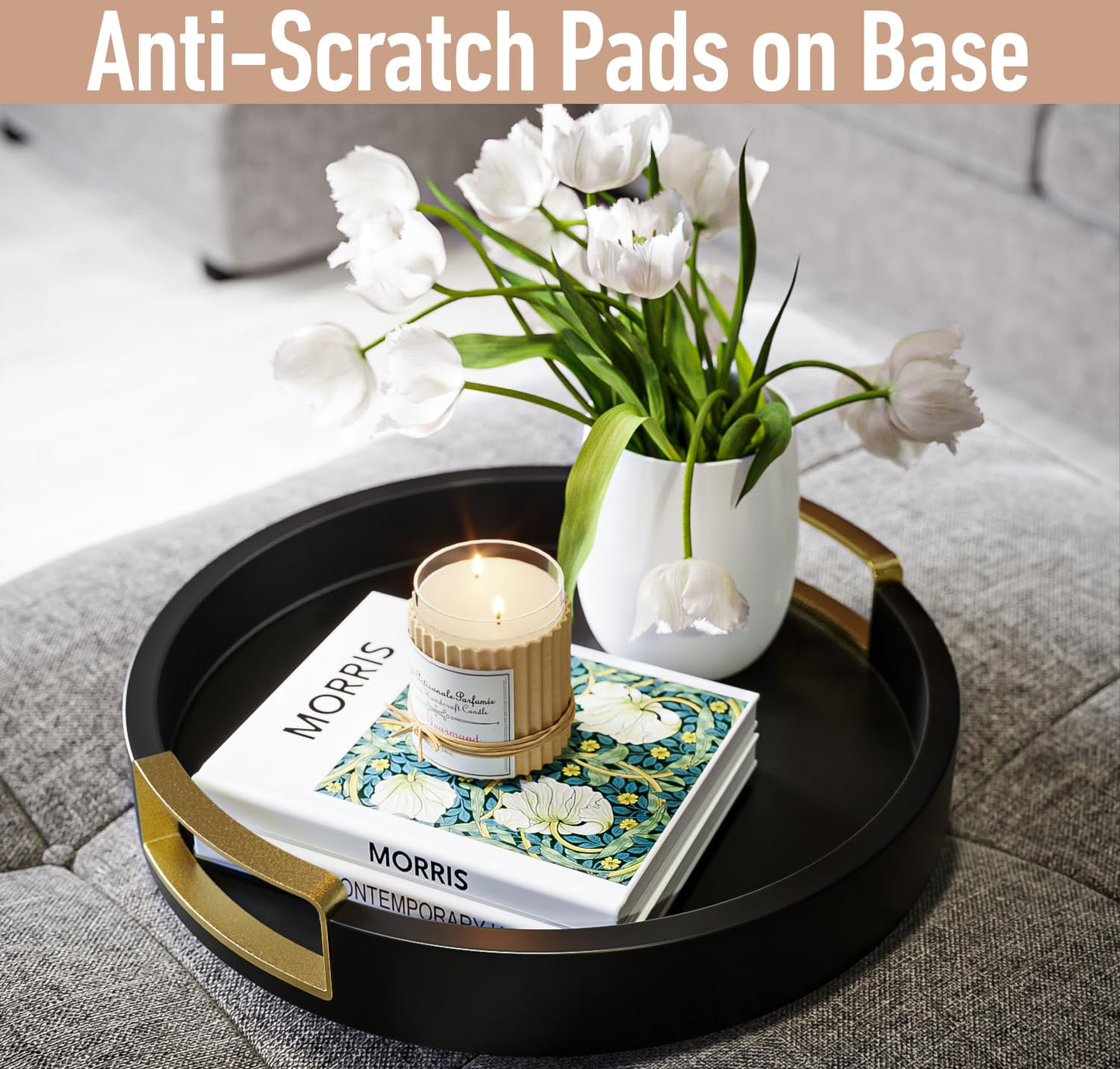 Black Round Decor Tray with Gold Handles