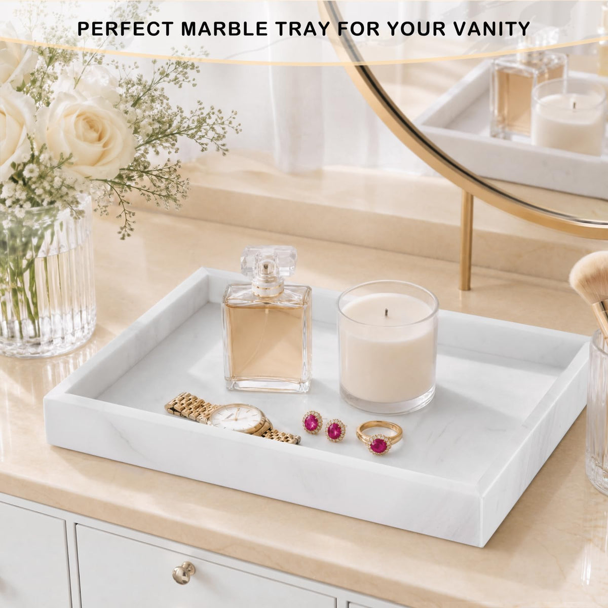 White Marble Stone, Home Decor Tray for Coffee Table, Dresser Organizer, Bathroom