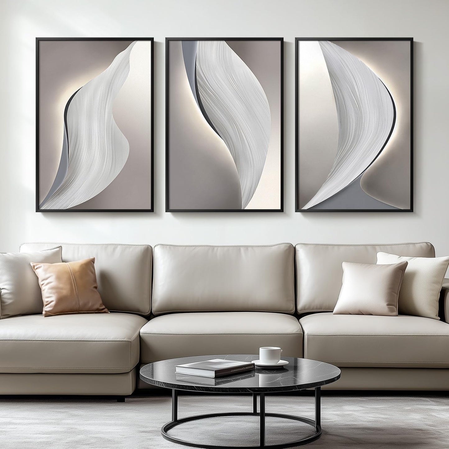 Modern Gray, Black and White Abstract, Framed Canvas Wall Art, Large 3 Piece,  24x36 Inch