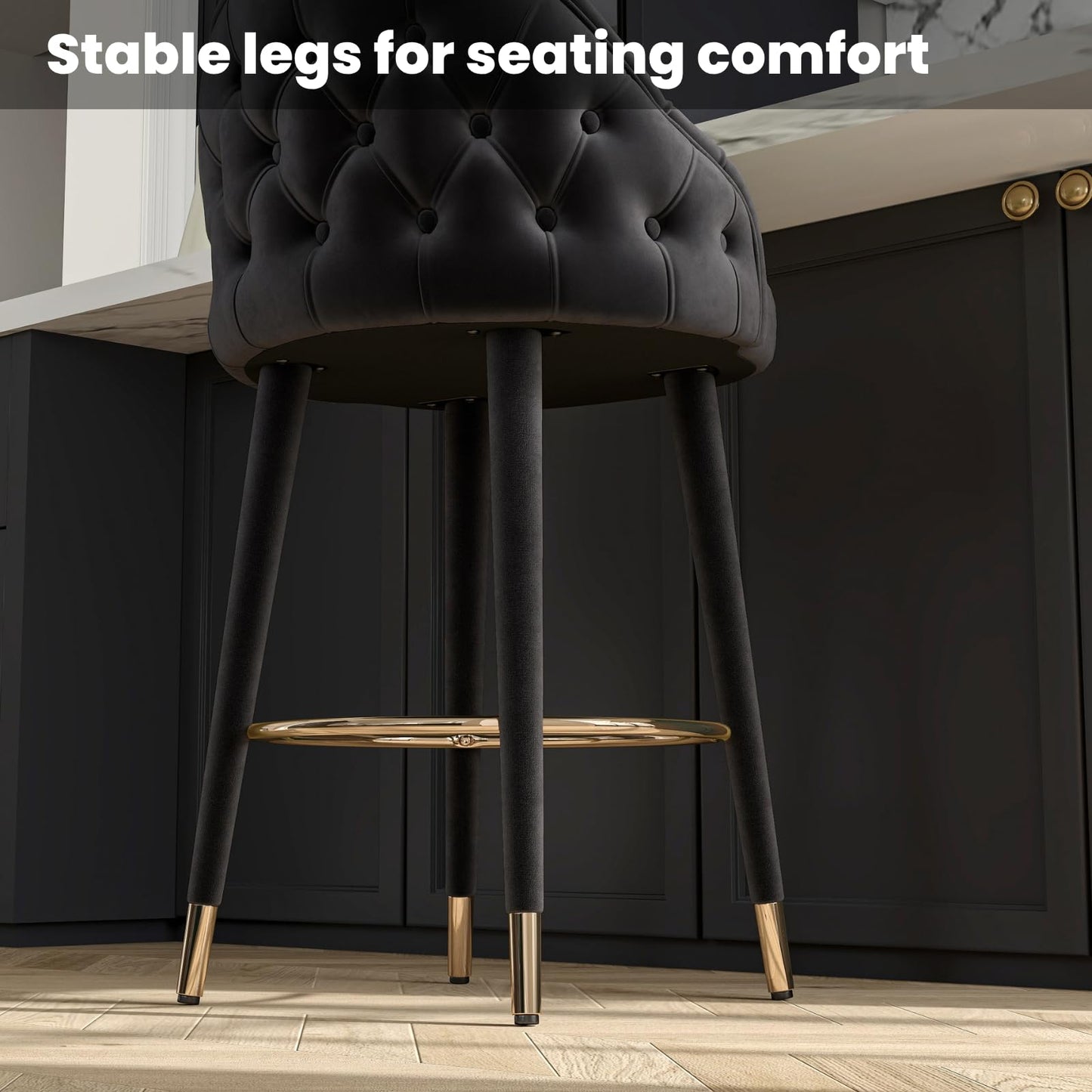 Black Velvet 26" Counter Height Tufted Bar Stools with Wood Legs, Set of 2