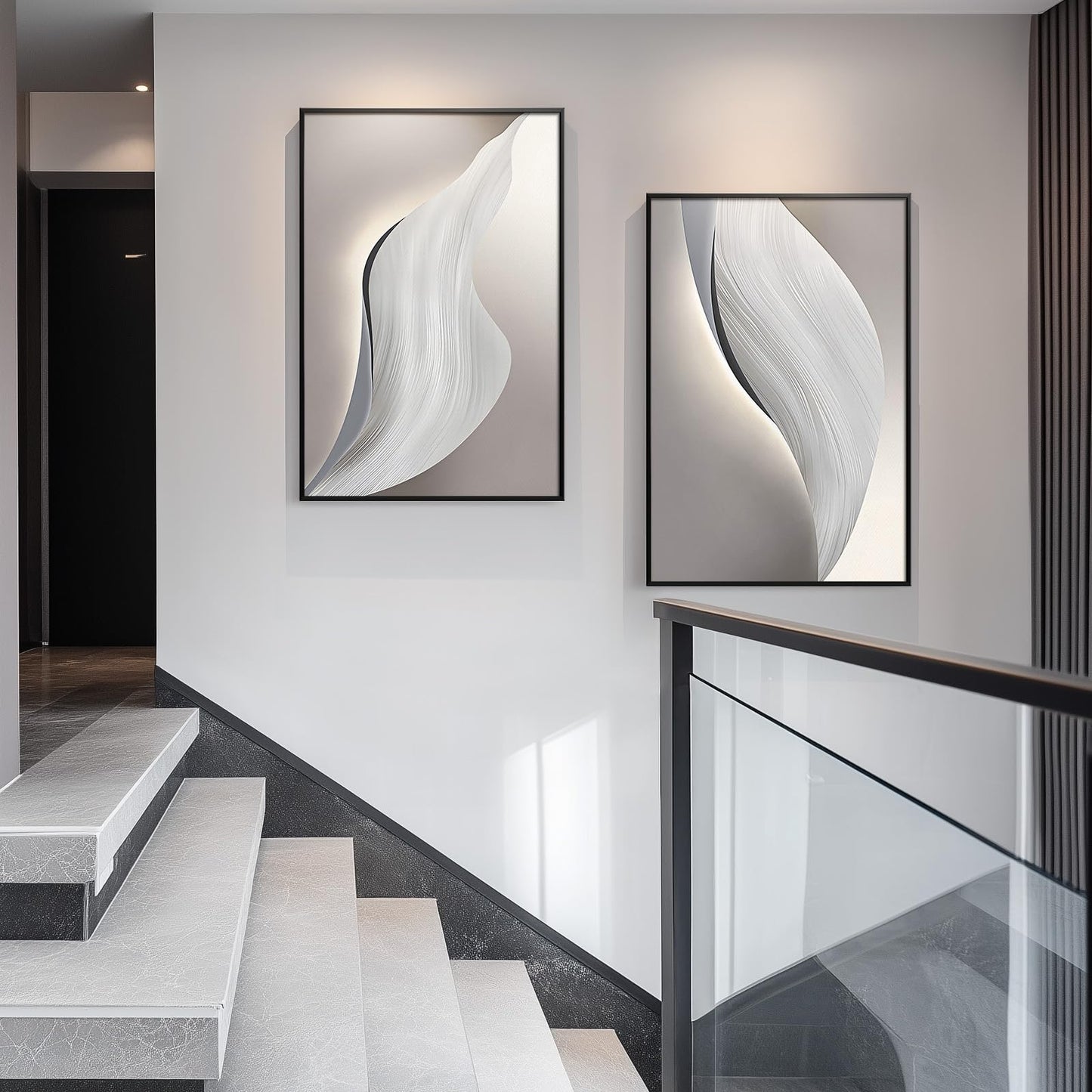 Modern Gray, Black and White Abstract, Framed Canvas Wall Art, Large 3 Piece,  24x36 Inch