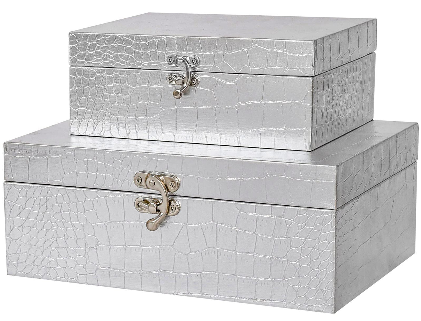 Silver Decorative  Storage Boxes, Crocodile Leather with Clasp