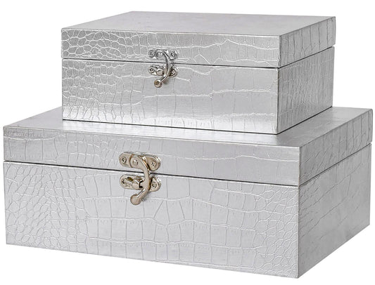 Silver Decorative  Storage Boxes, Crocodile Leather with Clasp