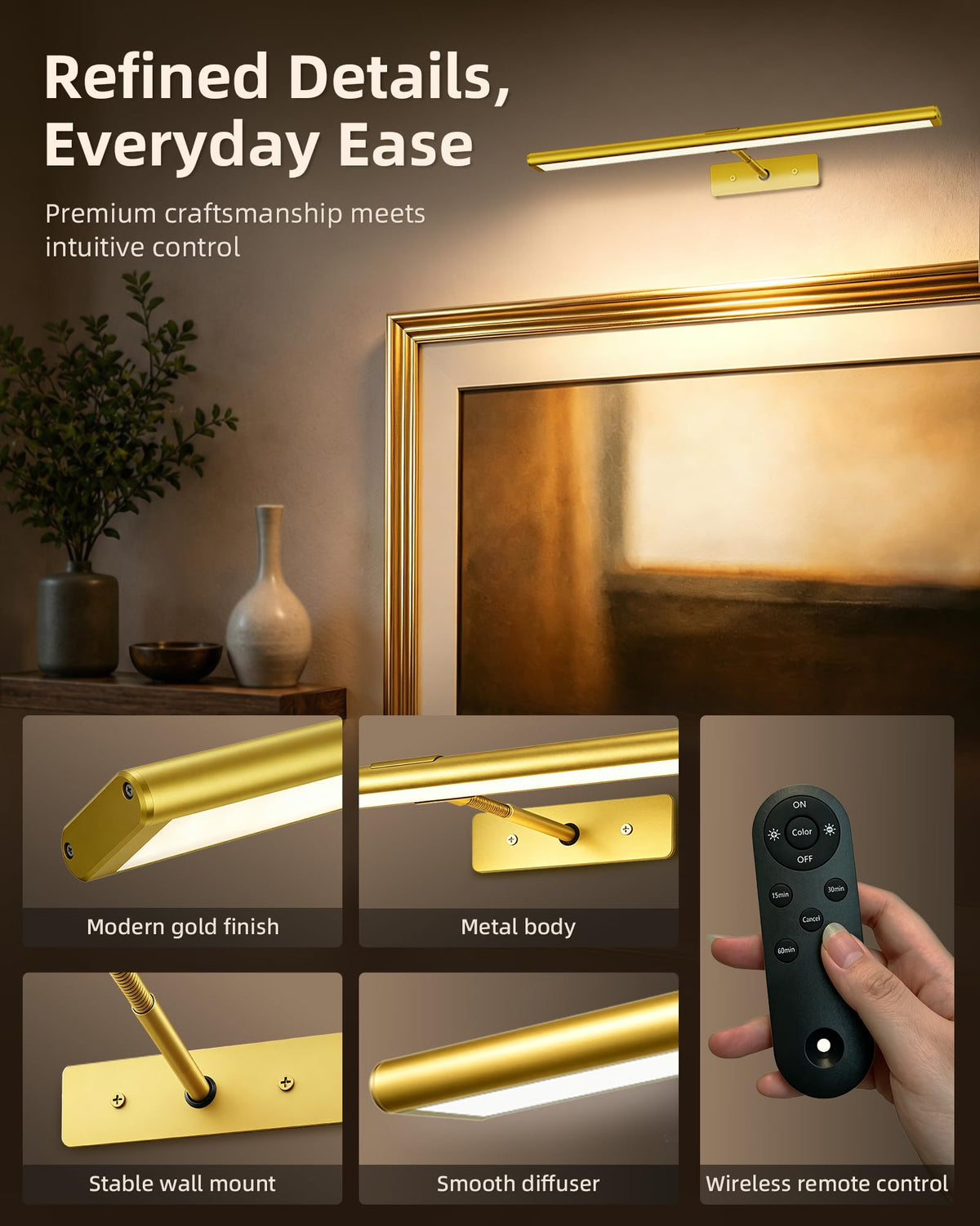 LED Art Display Lights with 3 Color Temperatures, 4800mAh Rechargeable Wireless Remote, 16‘’ Dimmable Magnetic