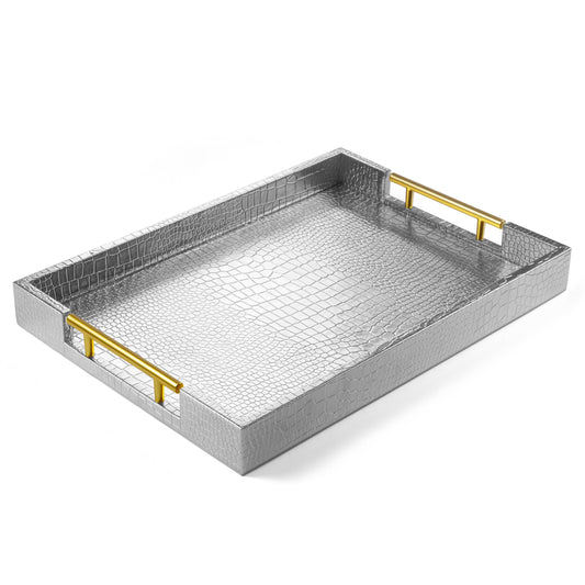 Silver 17" x 12" Wood Serving Tray with Gold Polished Metal Handles, Rectangle Home Decorative, Ottoman Leather