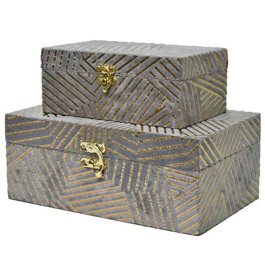 Grey with Gold Stripes Velvet Decorative Boxes