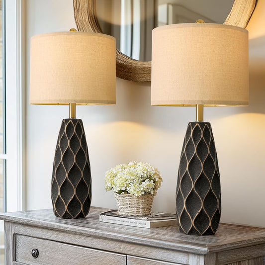 Black Ceramic Rustic Diamond Designed, Lamp Set of 2