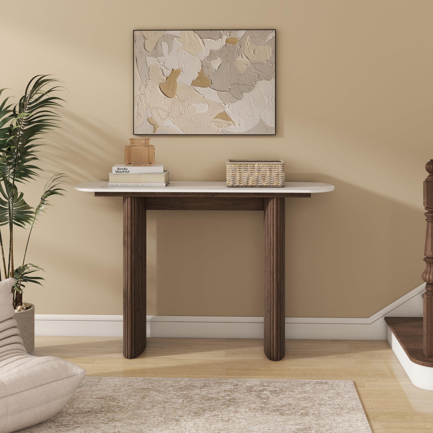 Walnut Brown Console Table with Marble Top, Fluted Solid Wood Base