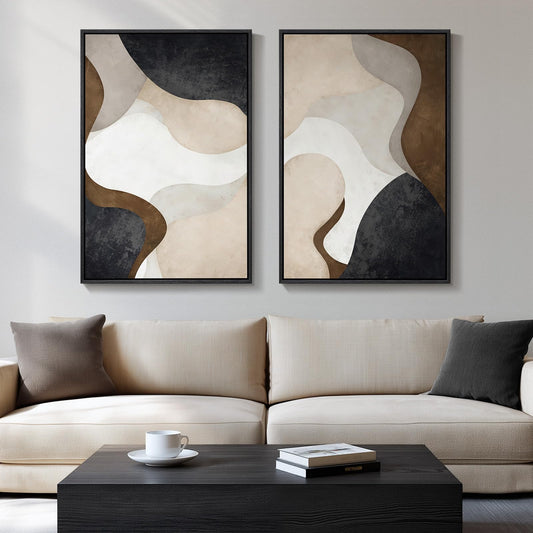 Large Framed Neutral Abstract Minimalist Wall Art Set of 2, Modern Canvas Paintings 24x36 In
