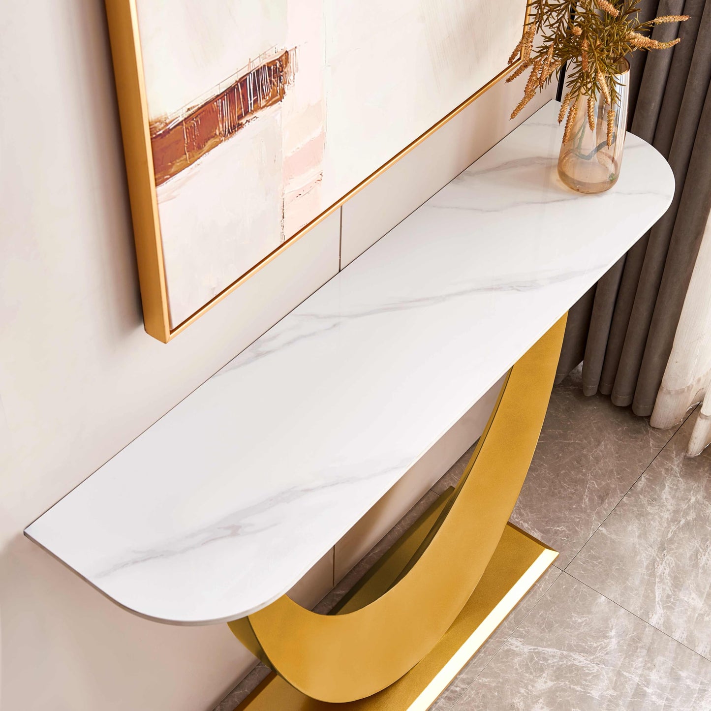 Gold Modern Console Table, 47'' Long Half Moon, Sintered Stone