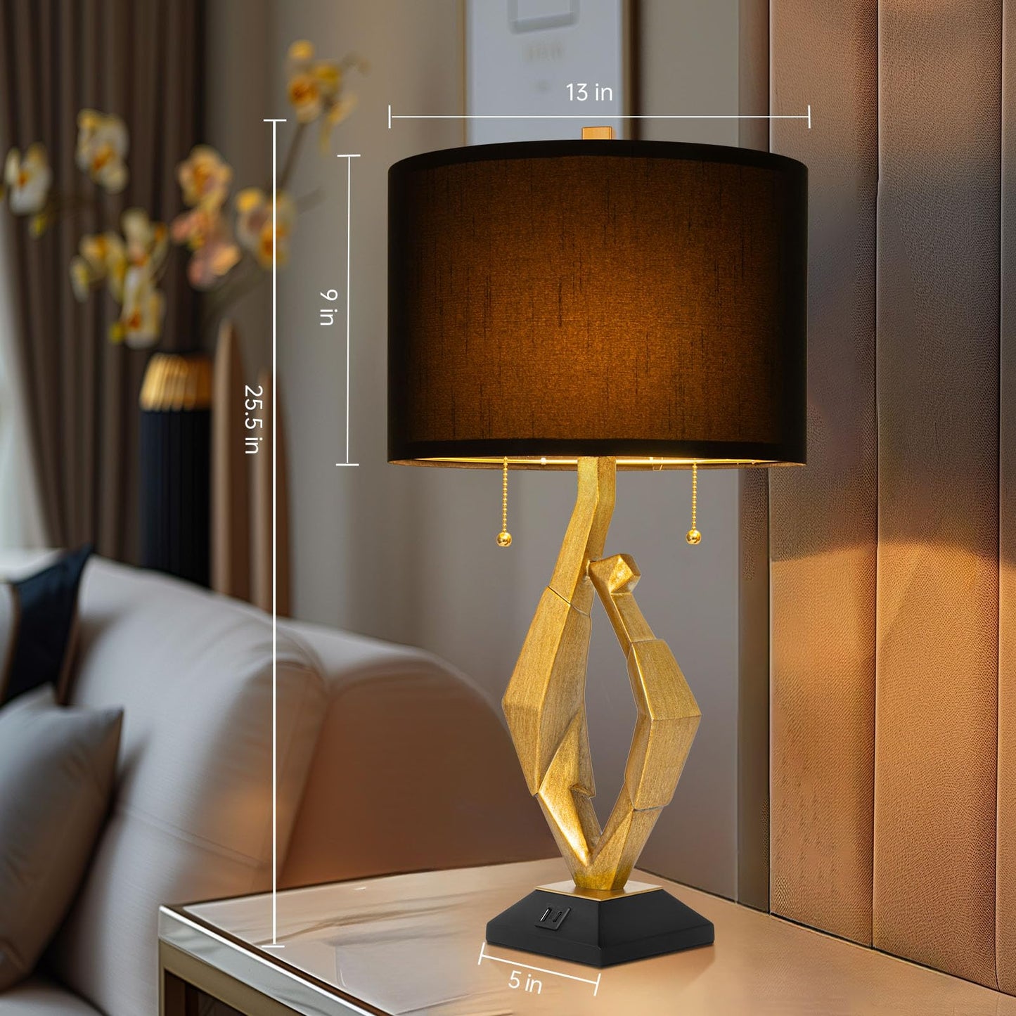 Black and Gold Table Lamp Set of 2 with USB Ports, Sculptural Luxury
