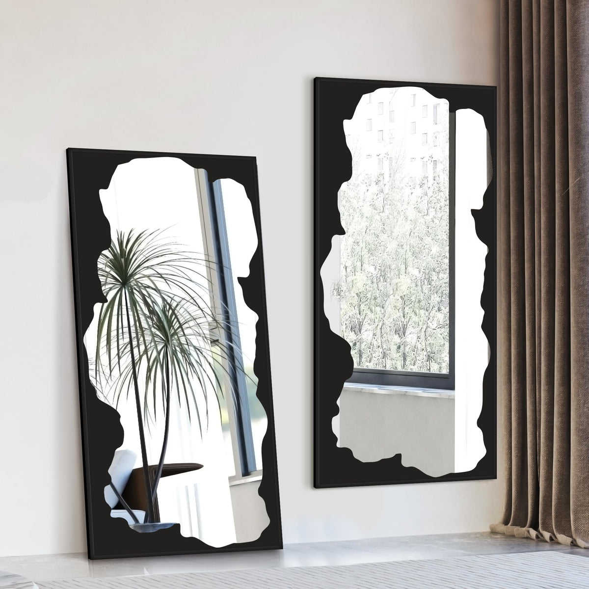 Black Full-Length Mirror, Free Standing Leaning Mirror with Artistic Abstract Overlay