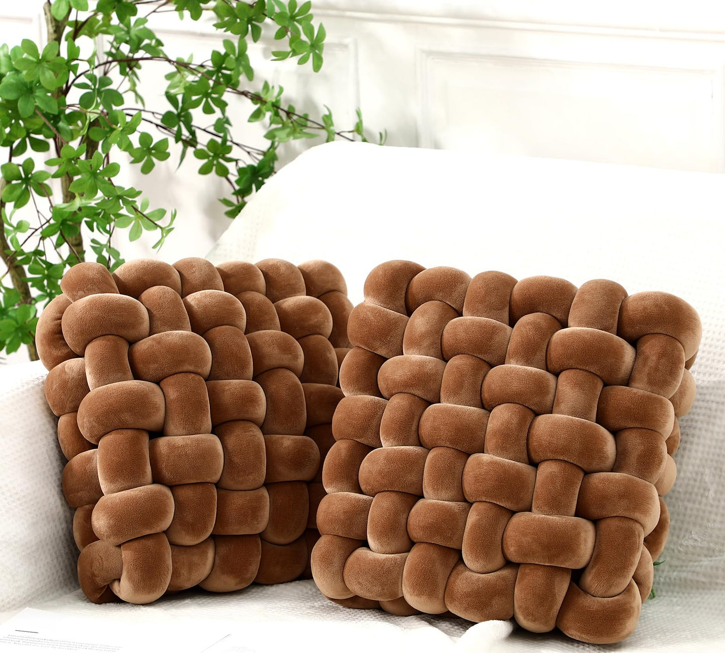 Brown Throw Pillow 2 Pcs Set, Soft Knot Design