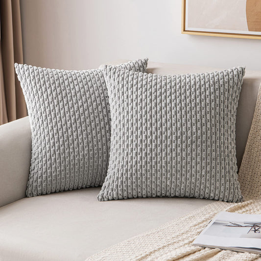 Grey Throw Pillow Covers, Soft Corduroy, Set of 2 - Striped