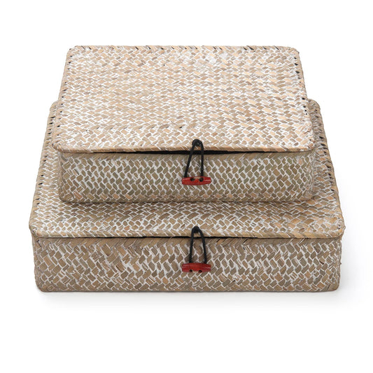 Whitewash/Brown Handwoven Decor Boxes with Lid