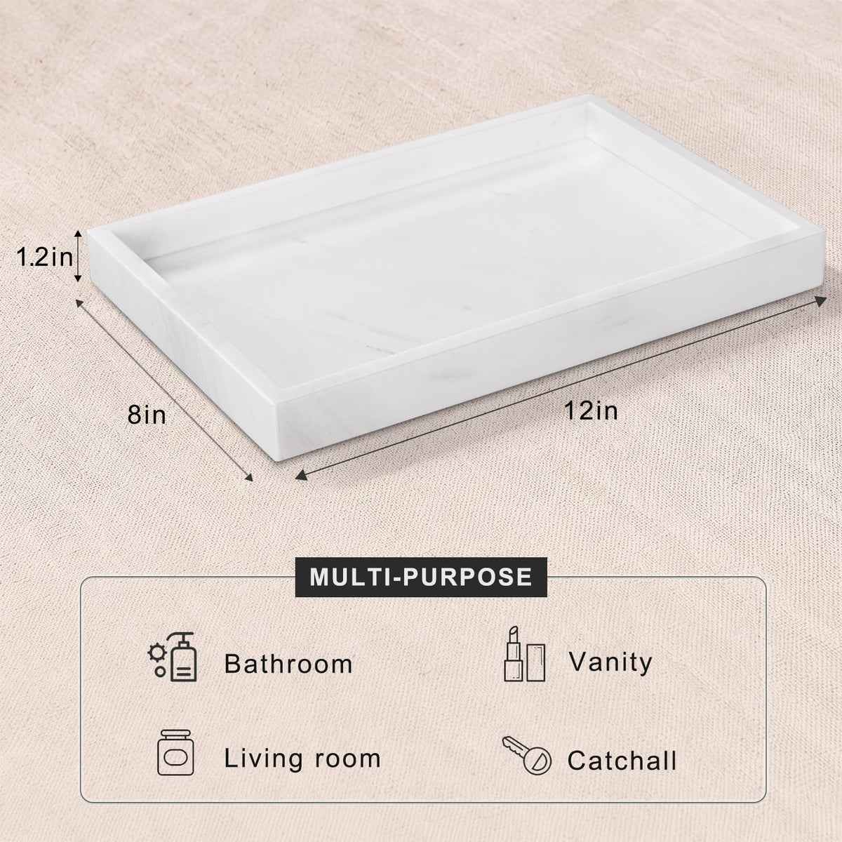 White Marble Stone, Home Decor Tray for Coffee Table, Dresser Organizer, Bathroom
